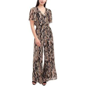 MSK Womens Wide Leg Smocked Jumpsuit Short Sleeve Pinstripe Brown Size Medium